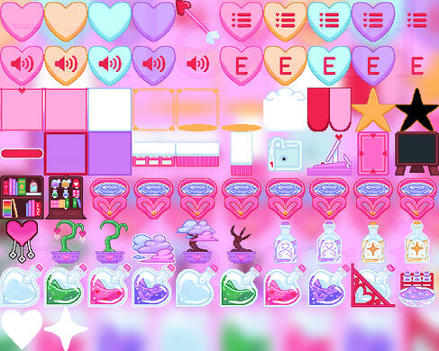 Cute, Valentine's-themed assets I made for my 'Spells Sell' game.