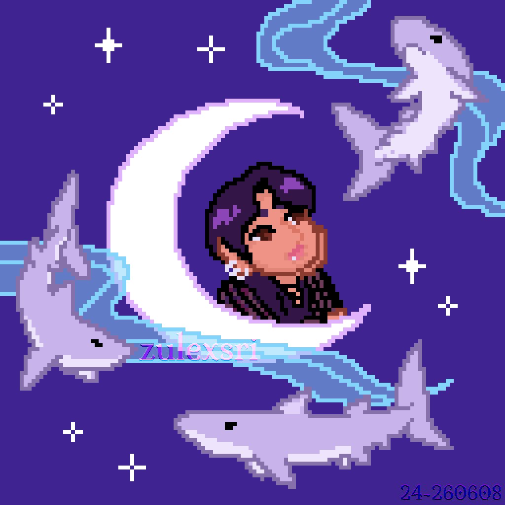 A pixel art GIF of Jungkook looking up at the sky with seven sparkling stars. He is holding his face in his hand resting against the moon. He blinks every now and then. Three sharks frame him as well as some wispy clouds.